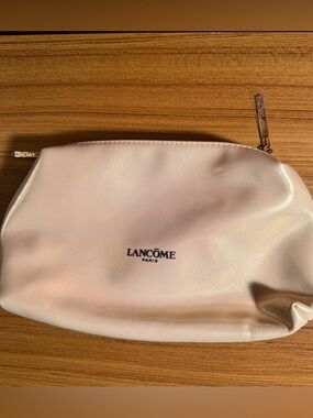NWOT Lancôme Double Zip Cosmetic Bag Beige Faux Leather Makeup Travel Case